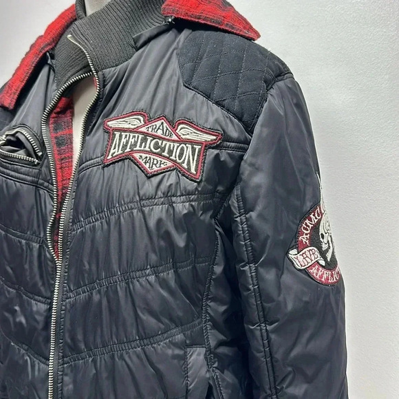 Affliction Jacket Bomber Coat Reversible Plaid American Custom Red Black Small * - Picture 3 of 13